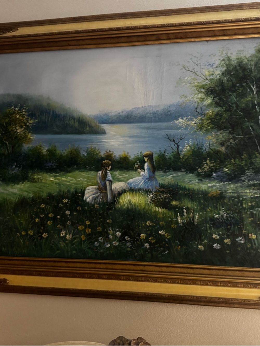 Classic Pastoral Lake Scene Oil Painting - Blue & Green 43x32